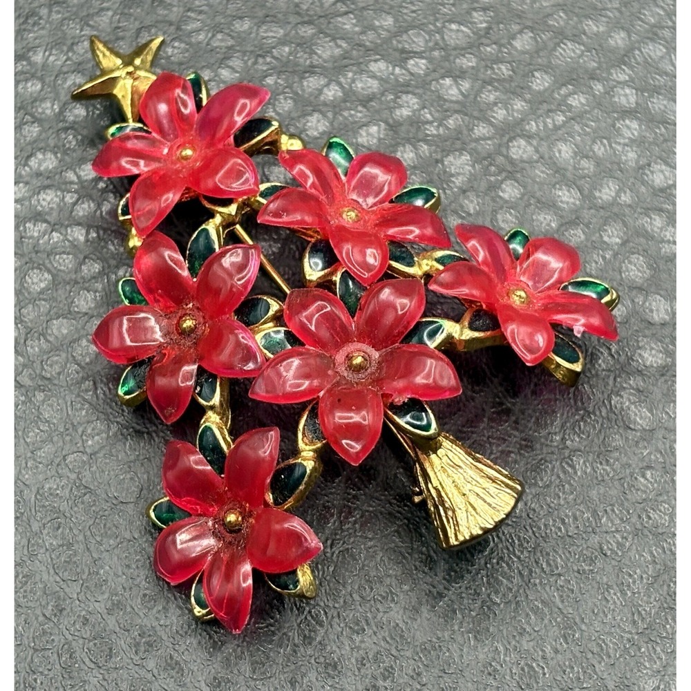 LIA Lalique Pink Lucite Poinsettia Christmas Tree Brooch Gold Tone Star